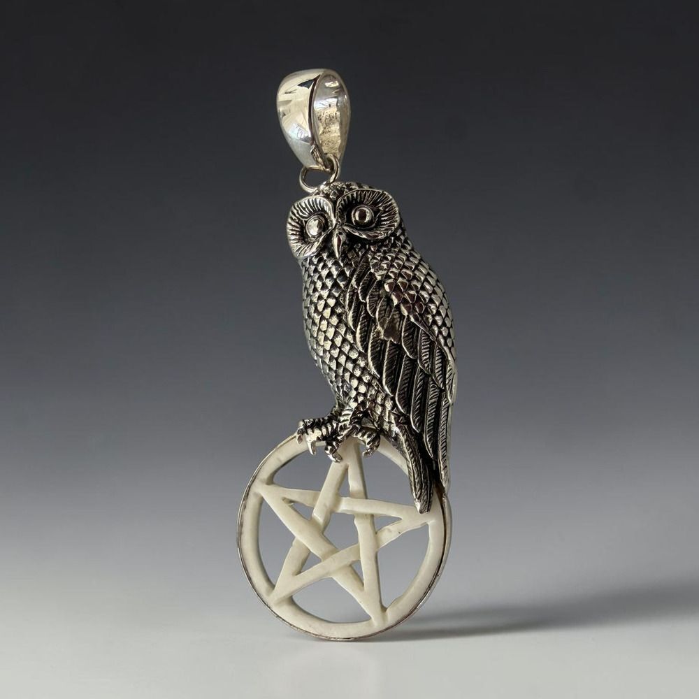 Owl Pentagram Pendant 925 Sterling Silver Carved Bone Gothic Wicca